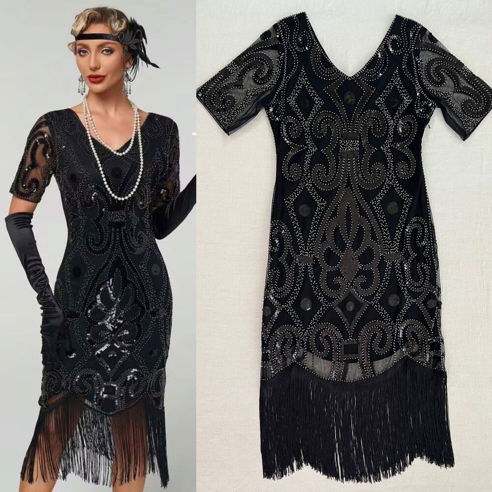 EUC SHEIN Black Flapper Girl Dress Embroidered 1920s Great Gatsby Costume Size L